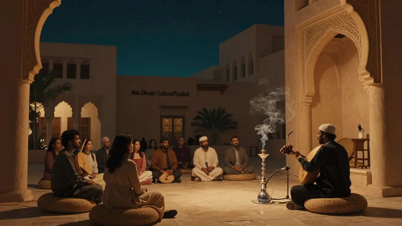 Intimate jazz night in a heritage courtyard, musician playing oud under stars, audience seated quietly in warm lamplight.