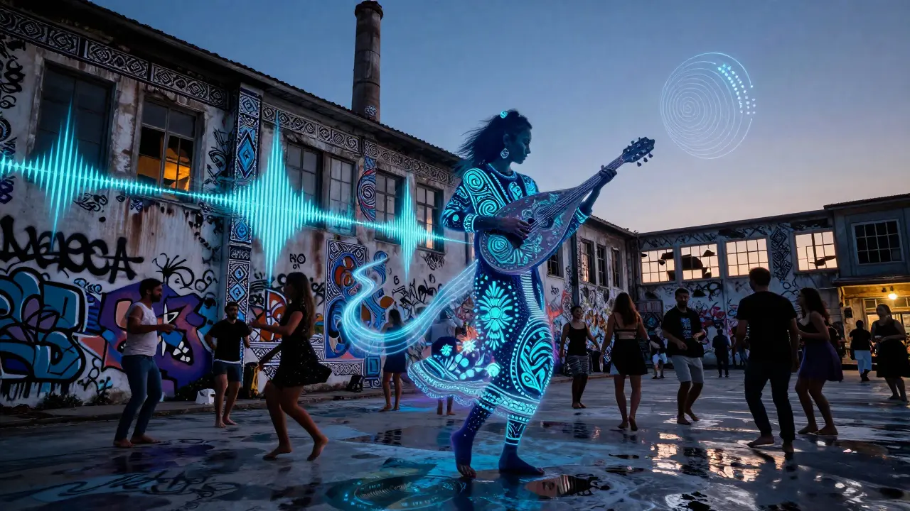 Kadıköy warehouse club where Ottoman patterns blend with electronic beats, diverse crowd dancing under graffiti walls.