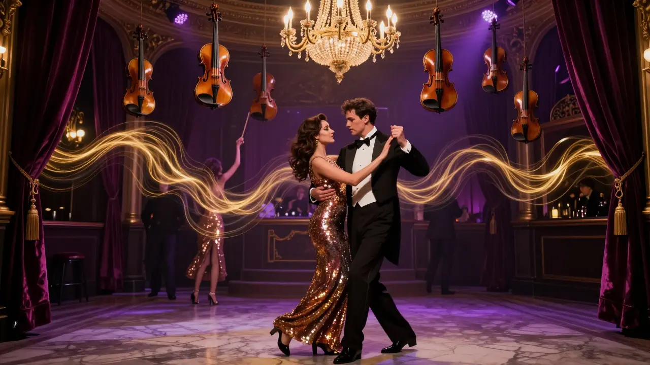 La Scala after-party where a tuxedoed man dances with a sequined woman under a violin chandelier.