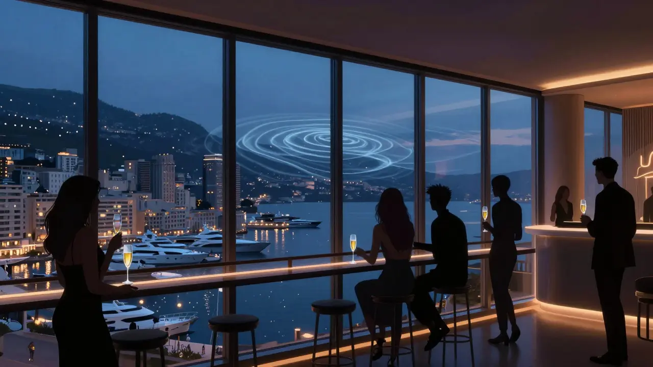 Le Rascasse nightclub at night with harbor views, patrons in stylish attire, soft neon glow reflecting on water.