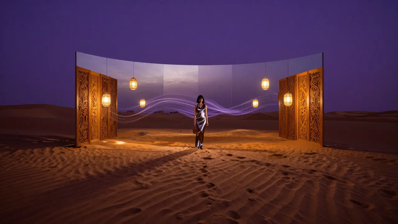 Levana&#039;s illuminated sand dunes reflected in a curved mirror under ambient purple and amber lights.
