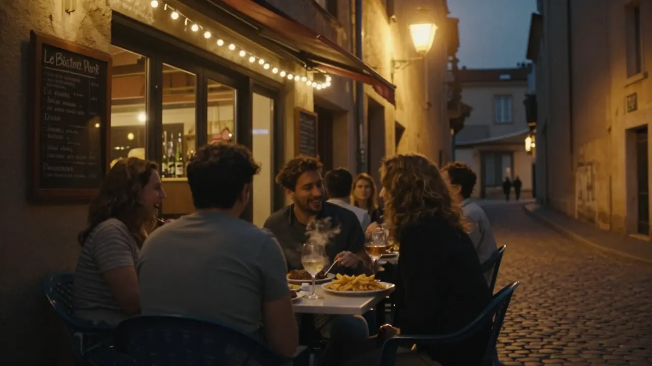 Local locals dining at Le Bistrot du Port under string lights, casual atmosphere with food and wine under night sky.