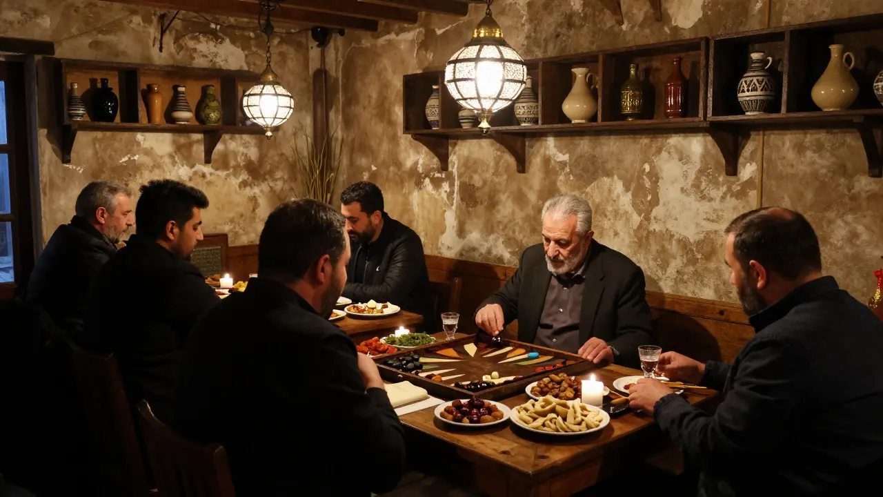Locals enjoying meze and raki in a cozy, traditional Turkish tavern with string lights and backgammon players.