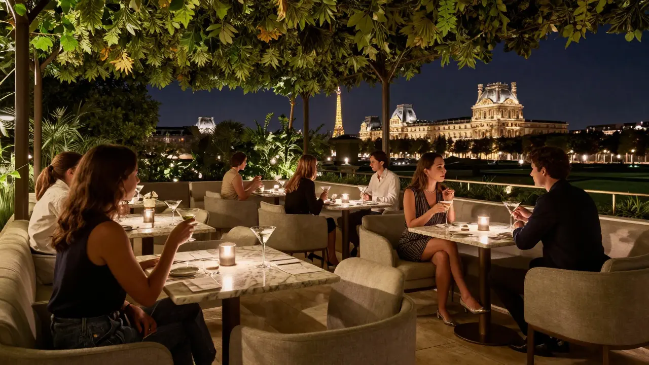 Luxurious rooftop lounge with greenery and elegant guests, Eiffel Tower sparkling in the night skyline.