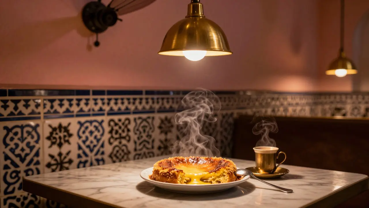 Molten kunafa with cheese oozing on a plate at Al Naseem café late at night.