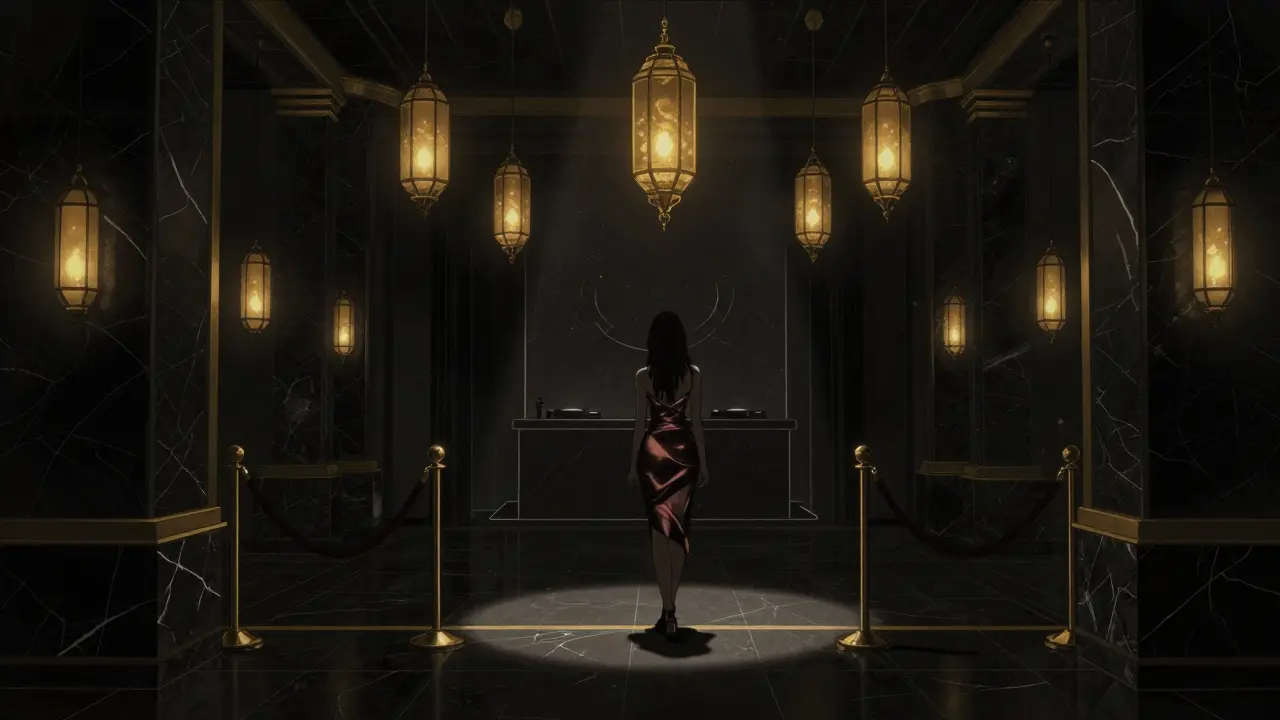 Moodily lit nightclub with gold accents and pulsing lanterns, silhouette at entrance.