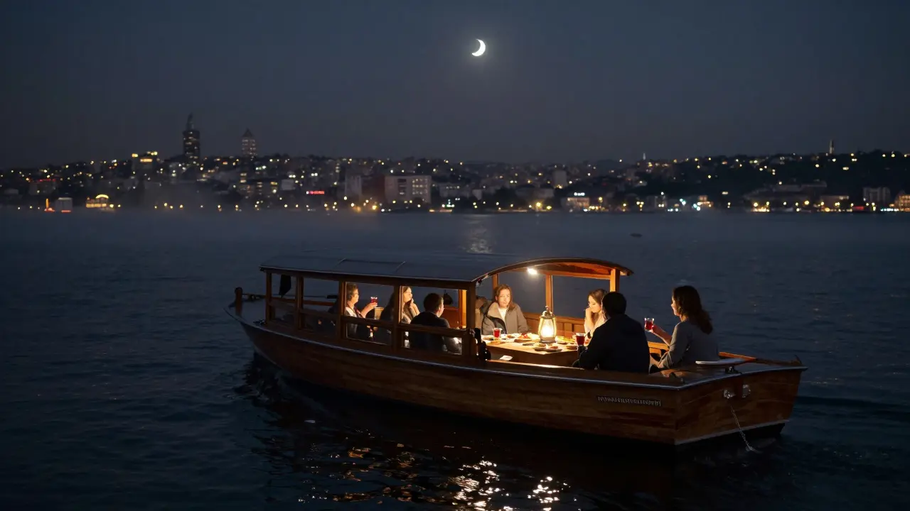 Nighttime boat cruise on the Bosphorus with soft lights and guests enjoying drinks as the city glows in the distance.