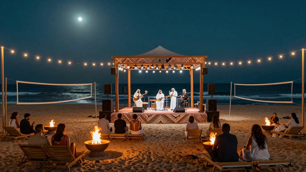 Open-air beach club at night with live band, fire pits, and moonlit waves under string lights.