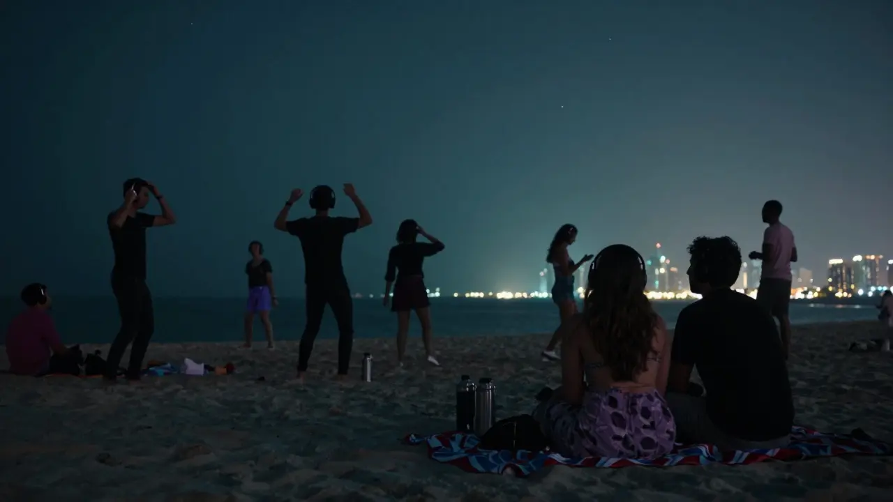 People dancing silently on a beach under stars, wearing wireless headphones.