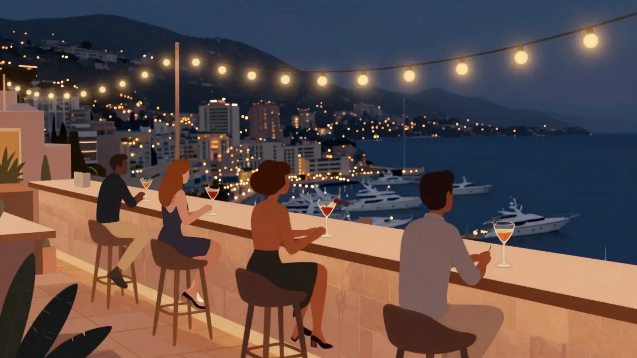 People enjoying cocktails on Le Bar à Bulles rooftop with harbor and yacht views at dusk, minimalist and stylish.