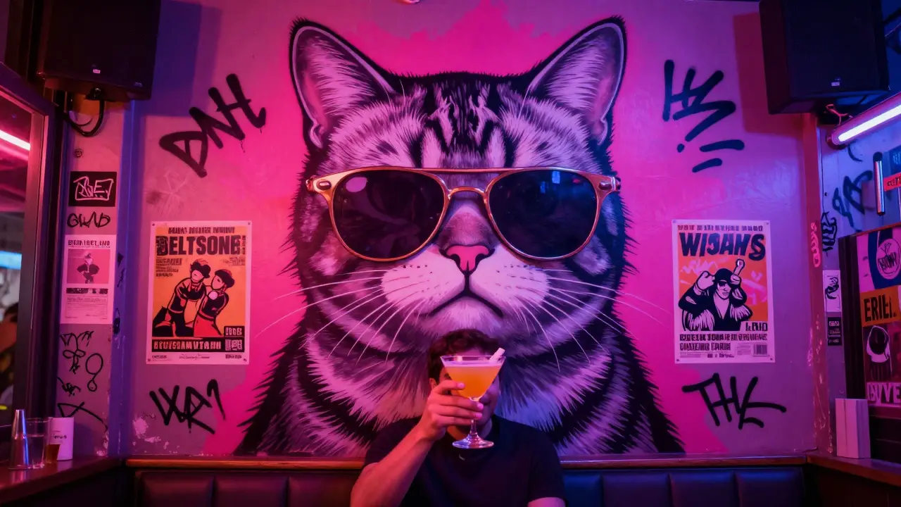 Person posing in front of a giant neon cat mural in a vibrant, graffiti-covered room.