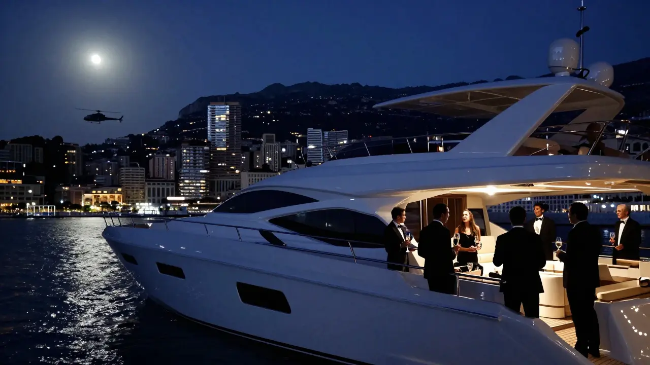 Private yacht at night off Port Hercules, silhouettes of guests on deck with moonlit Monaco skyline behind.