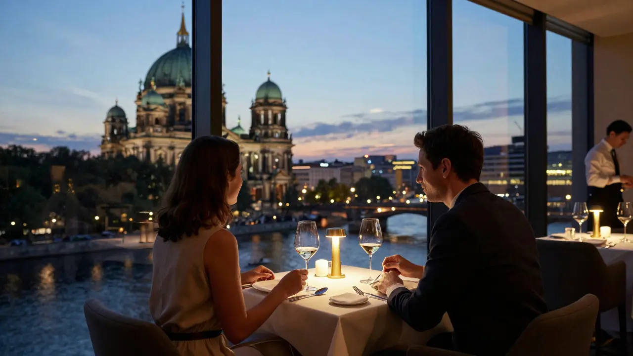 Romantic dinner at La Rive with Berlin skyline glowing through floor-to-ceiling windows at twilight.