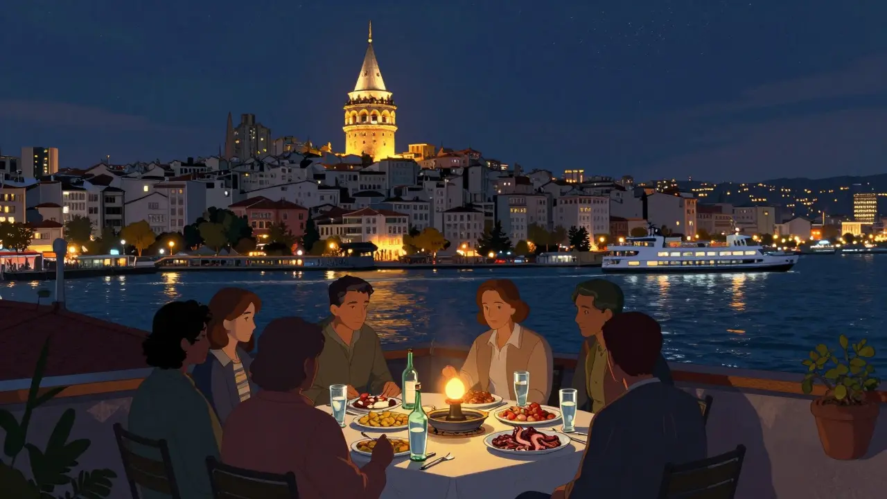 Rooftop terrace at Leb-i Derya with raki and meze, Galata Tower glowing over the Bosphorus at night.