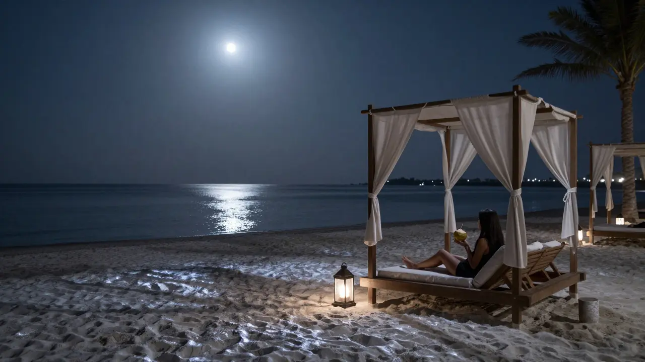 Serene private beach club at midnight, moonlit water, lone figure in cabana with coconut drink, lanterns softly glowing.
