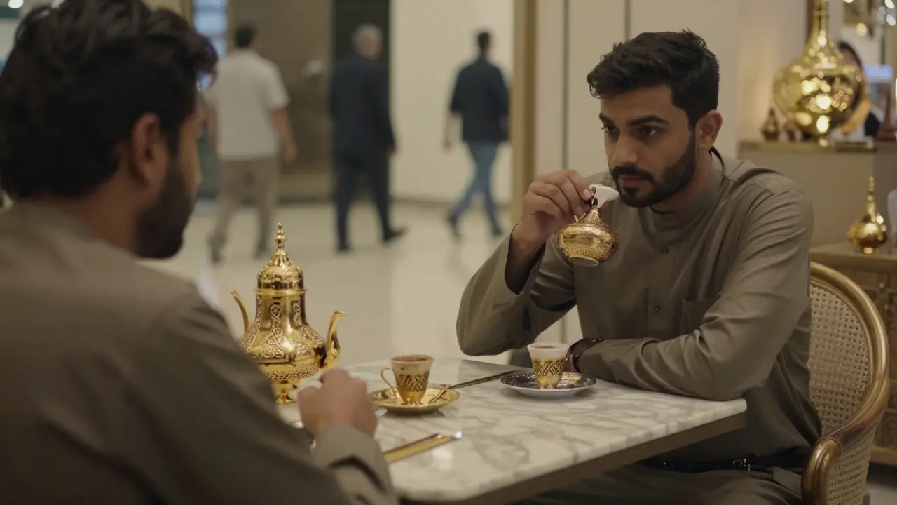 Someone enjoying Arabic coffee in a quiet corner of Dubai Mall, with a calm companion across the table.