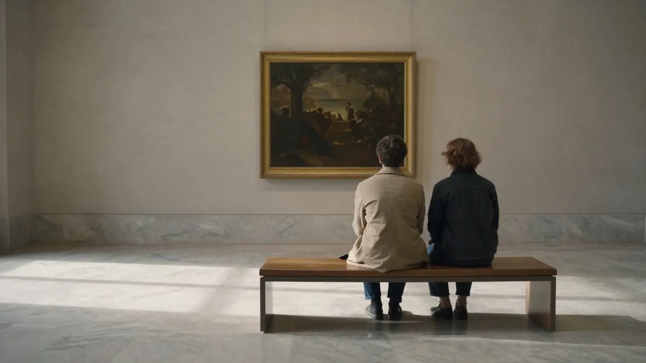 Two figures sit silently together in a quiet museum at dawn, lost in contemplation before a painting.