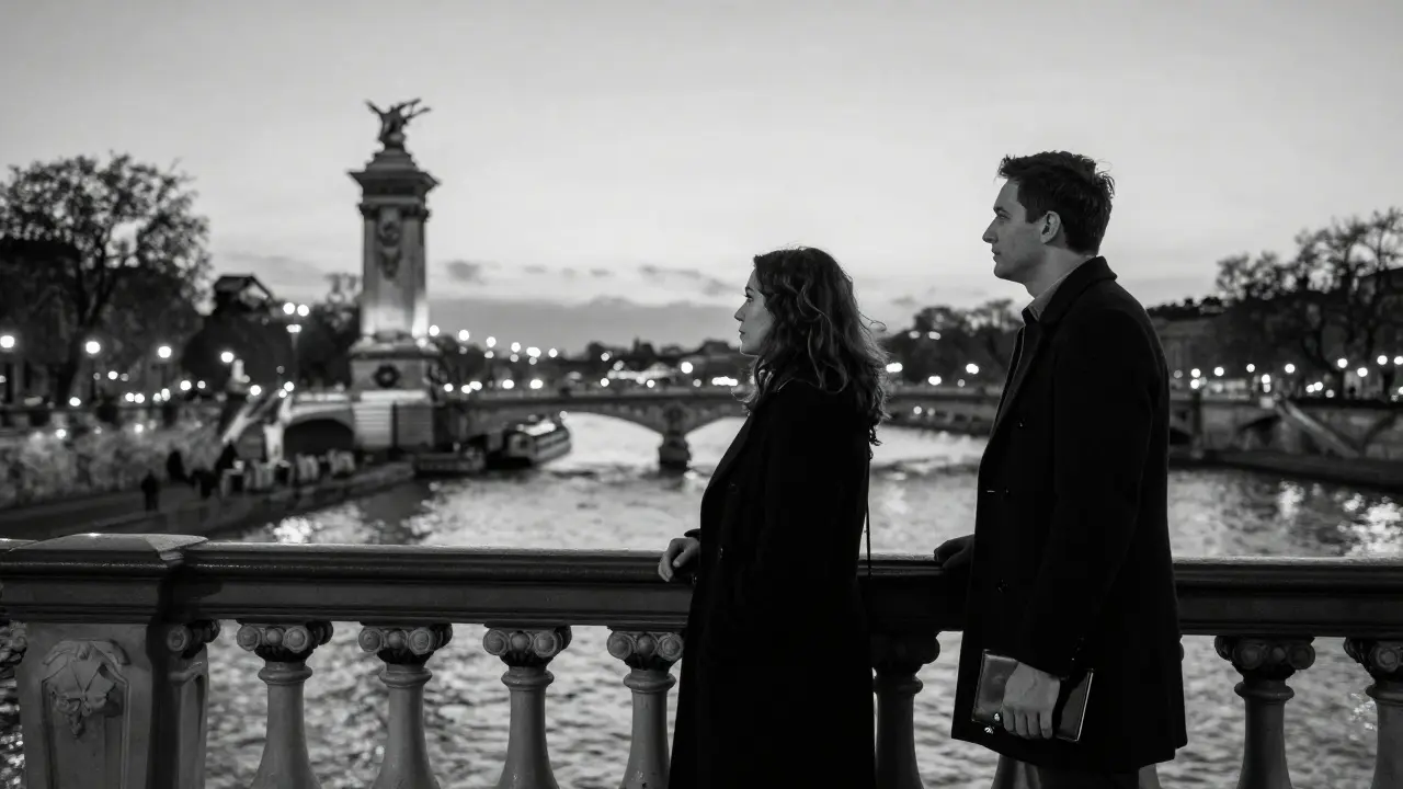 Two figures standing silently on Pont Alexandre III at night, city lights reflecting on the Seine.