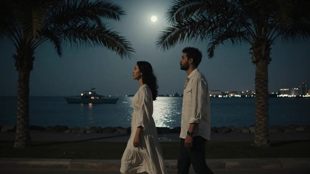 Two figures walking peacefully along the Corniche at night, silhouetted against the moonlit sea.