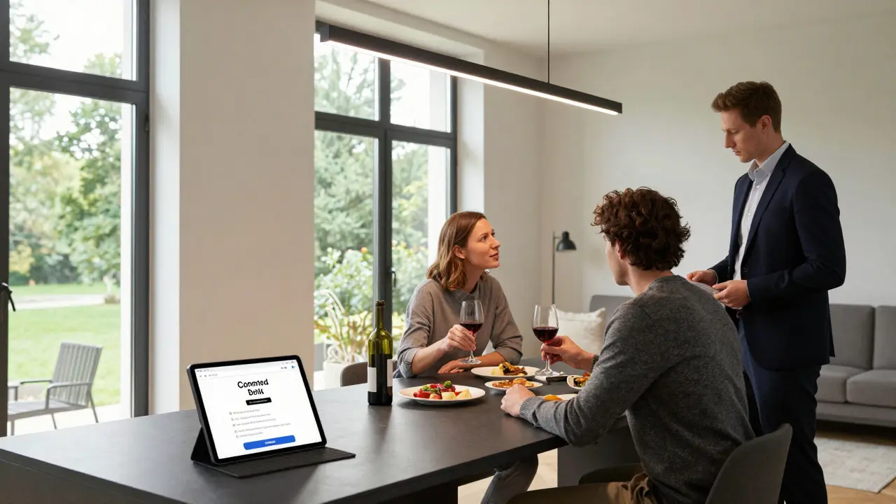 Two people dining calmly in a modern Berlin apartment, with a booking tablet visible on the table.