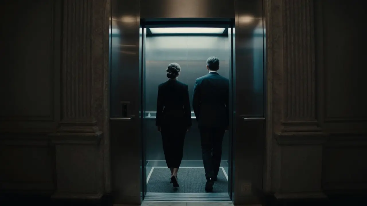 Two people entering a private elevator in a luxury Milan hotel, no cameras or signs visible, emphasizing anonymity.