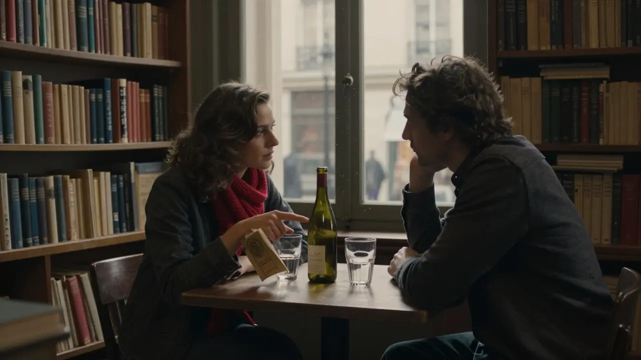 Two people share wine and conversation in a quiet Parisian bookstore, surrounded by old books and twilight light.