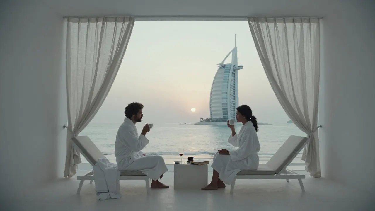 Two people sitting silently on a villa terrace at dawn, overlooking the Gulf.