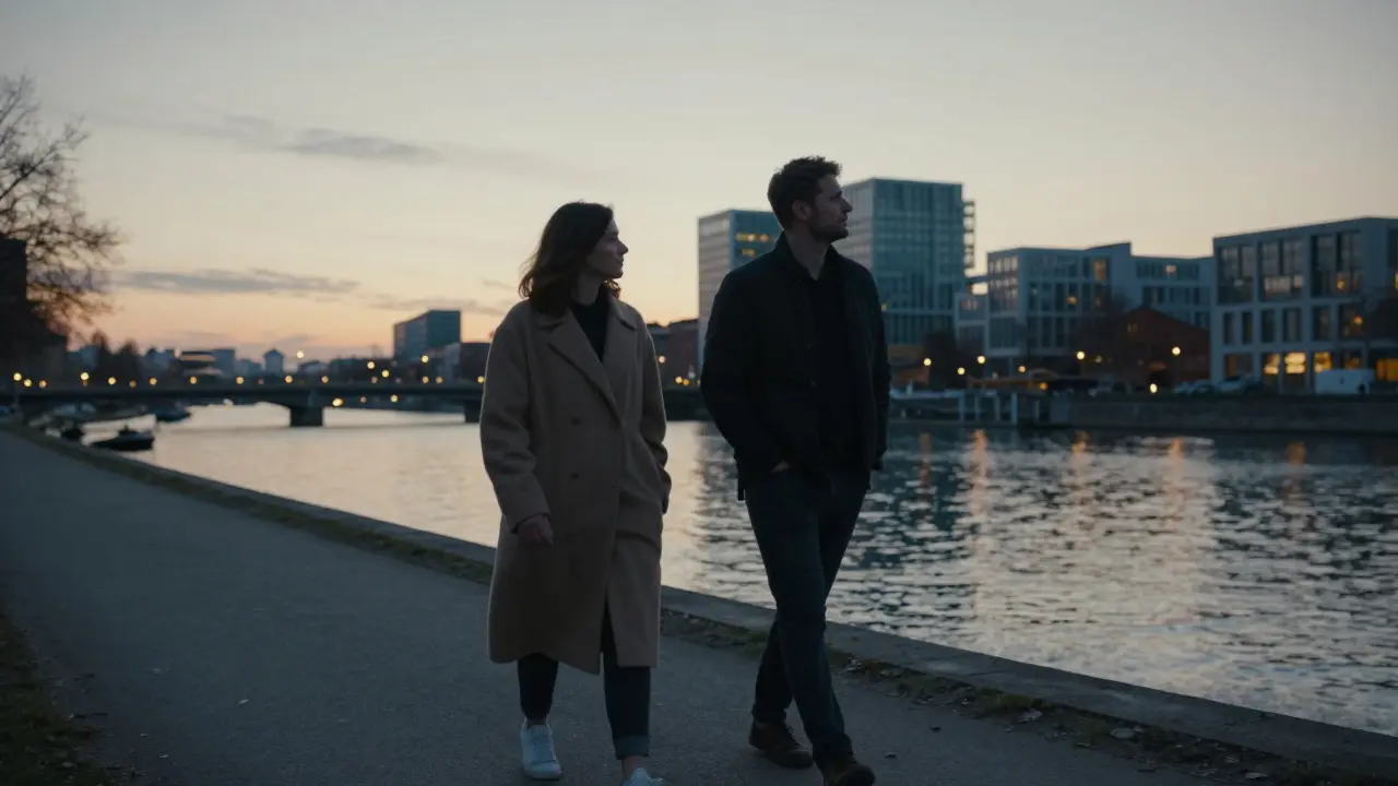 Two people walk peacefully along the Spree River at dusk, city lights glowing softly in the background.