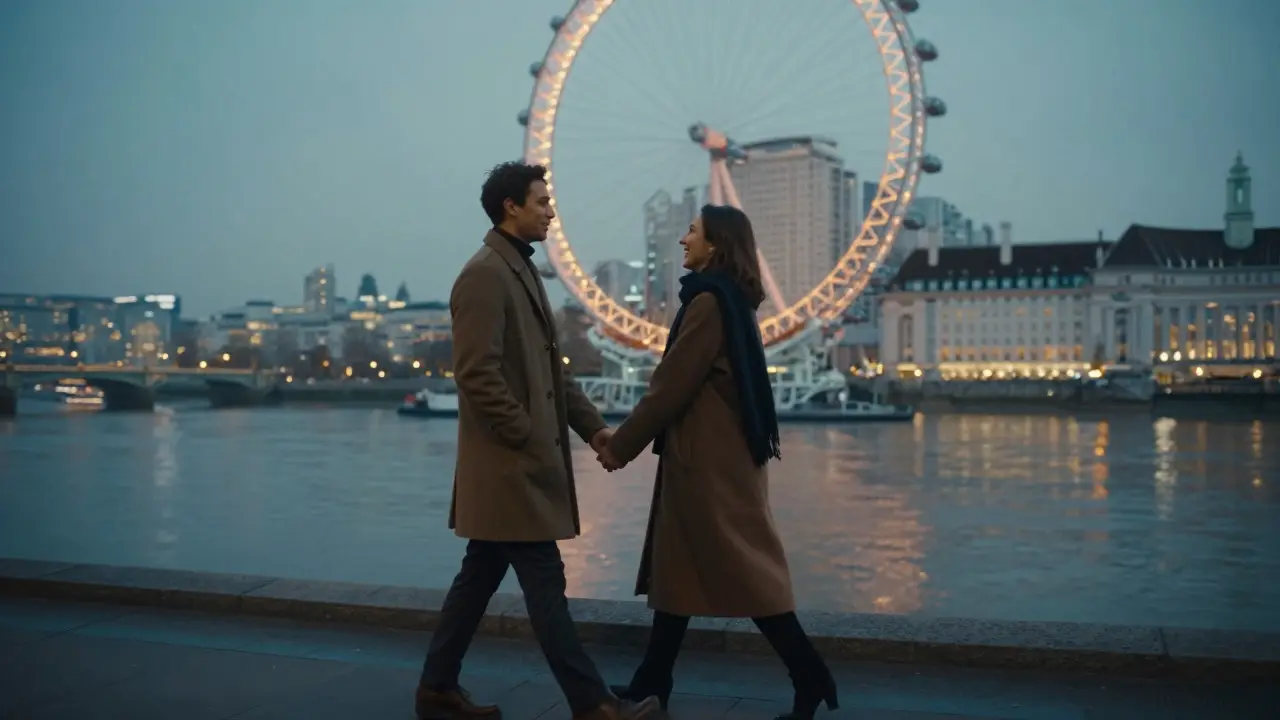 Two people walking peacefully along the Thames at twilight, city lights reflecting on the water.