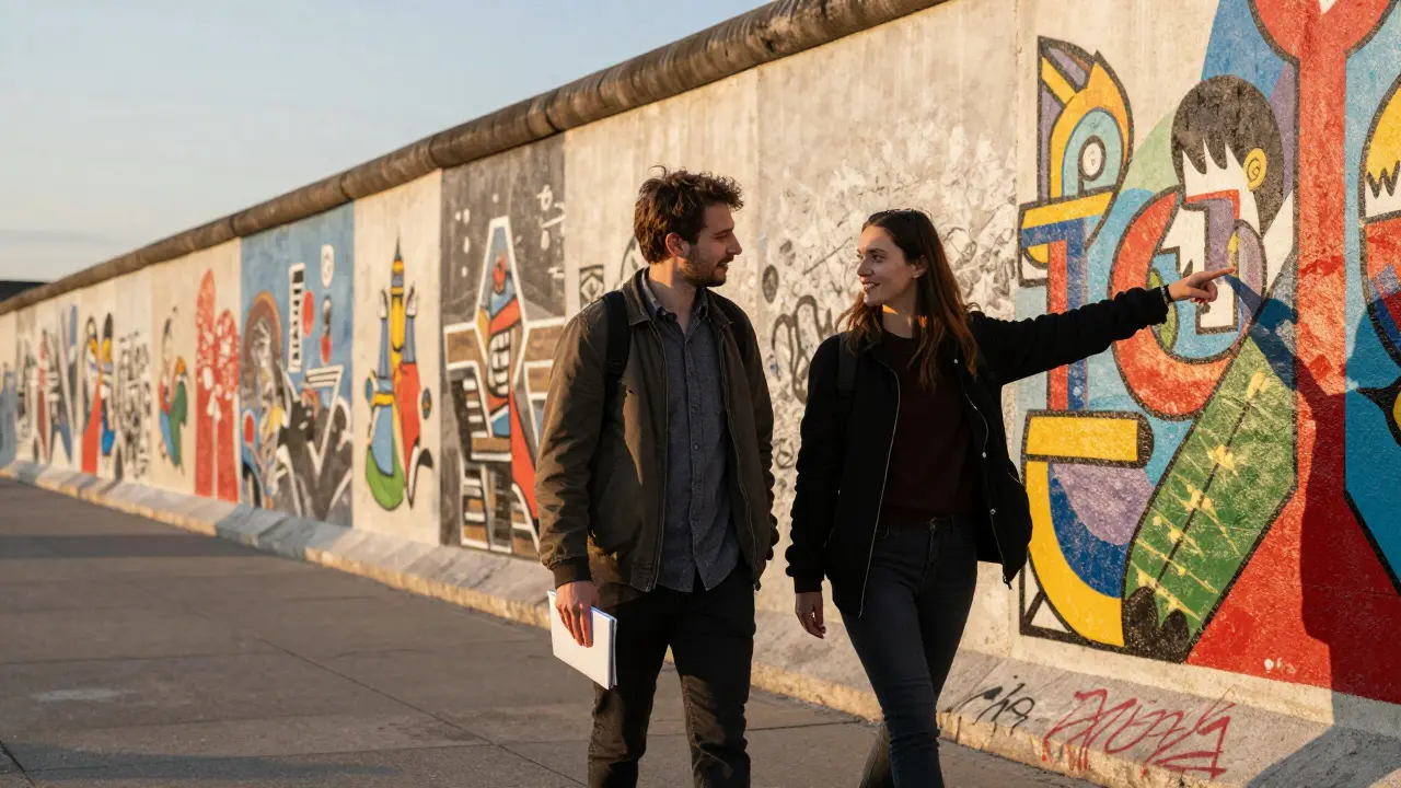 Two people walking together along the East Side Gallery, enjoying the Berlin Wall murals at sunset.
