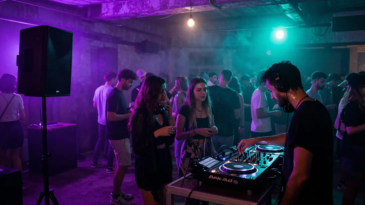 Underground club Arkaoda filled with people moving to techno music in a foggy warehouse.