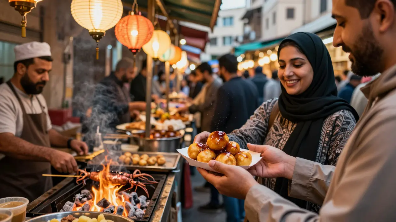 Vendors at Al Jazira Market handing out warm luqaimat in paper cones under lanterns.