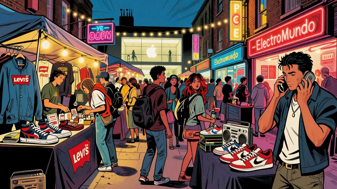 Vibrant night market in Shoreditch with pop-up stalls selling vintage clothing and streetwear under neon lights.