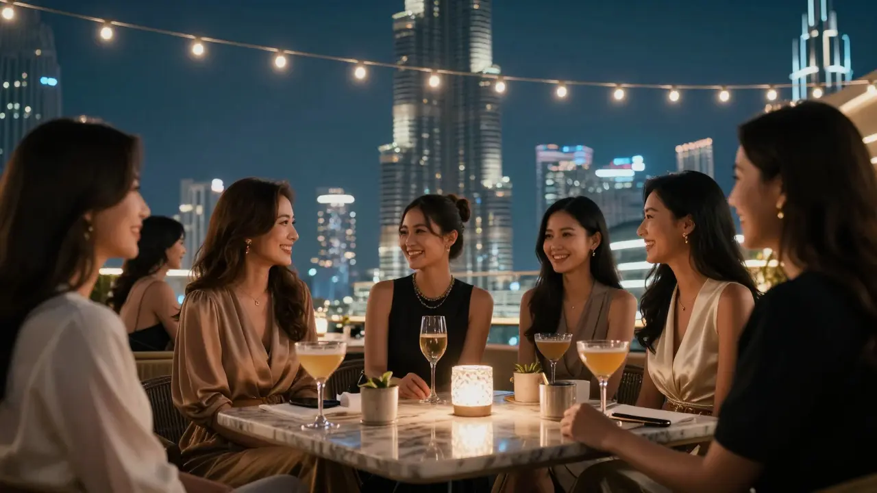 Women laughing on a rooftop bar in Dubai with the Burj Khalifa glowing behind them at night.