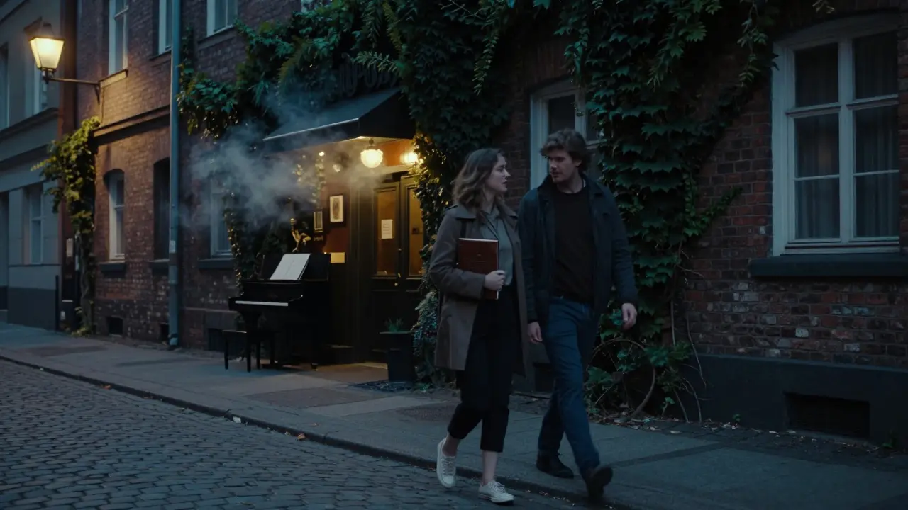 A couple walks peacefully through a jazz-lit Berlin street at dusk, sharing quiet companionship under soft streetlights.