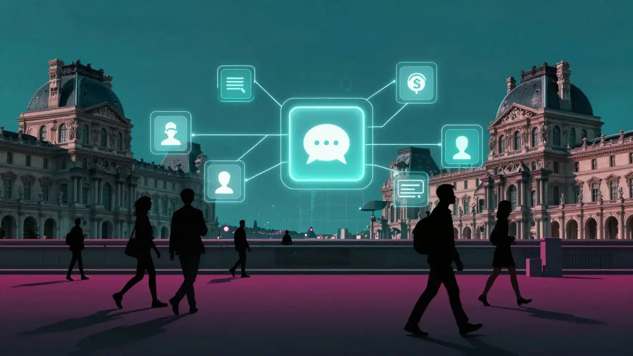 A digital network of encrypted services connects companions across Paris at night.