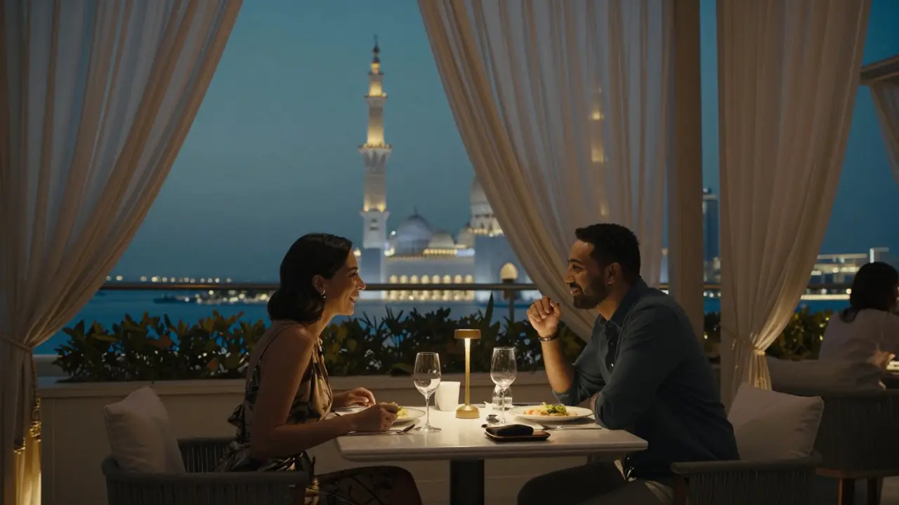 A discreet dinner on a rooftop in Abu Dhabi with the grand mosque in the background.