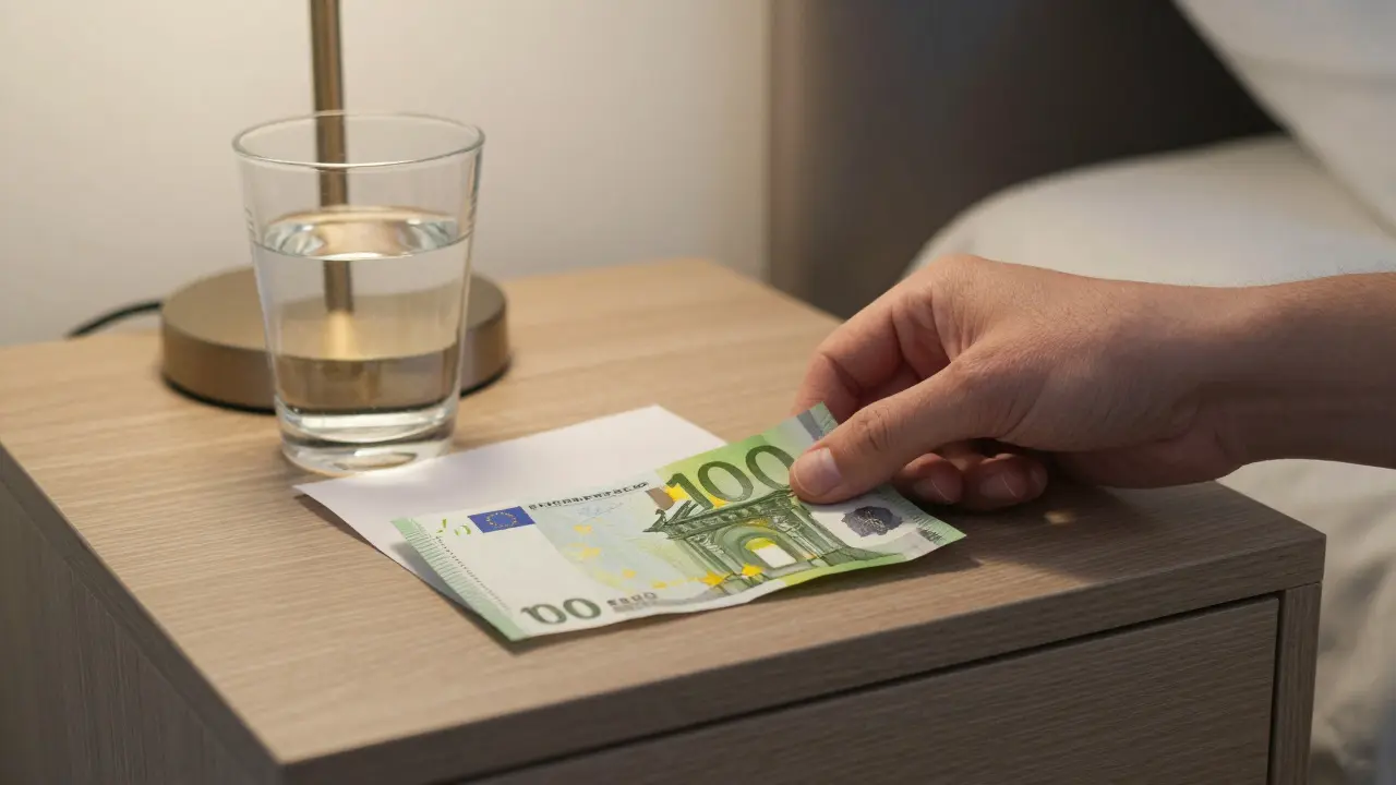 A hand placing cash on a nightstand in a hotel room, conveying respect and professionalism.