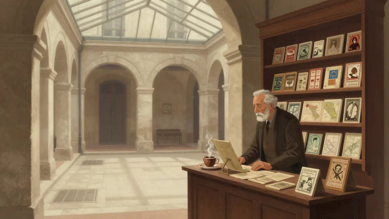 A hidden 19th-century Parisian passage with an antique postcard shop and soft daylight filtering through glass.