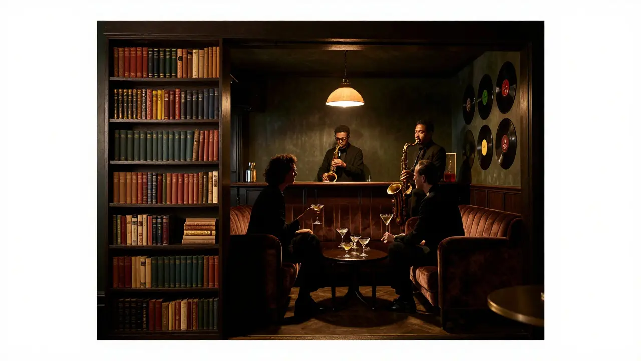 A hidden jazz bar behind a sliding bookshelf, with a saxophonist playing softly as a couple shares a quiet moment in velvet booths.