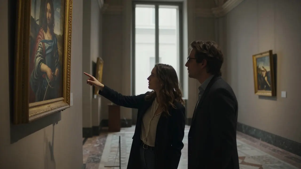 A man and woman admire Renaissance art together in the quiet, sunlit halls of Pinacoteca di Brera.