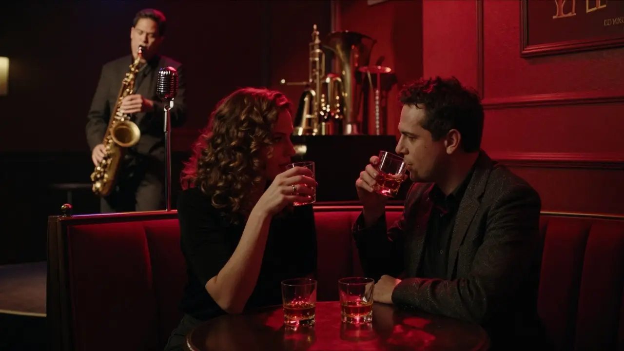 A man and woman sitting in a cozy jazz club, soft red lighting, saxophone player on stage in the background.
