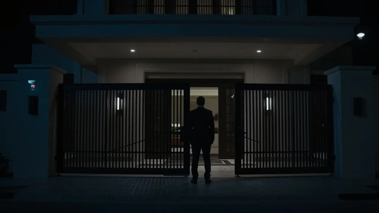 A man standing hesitantly outside a dark villa at night in Abu Dhabi, surveillance camera visible, sense of caution.