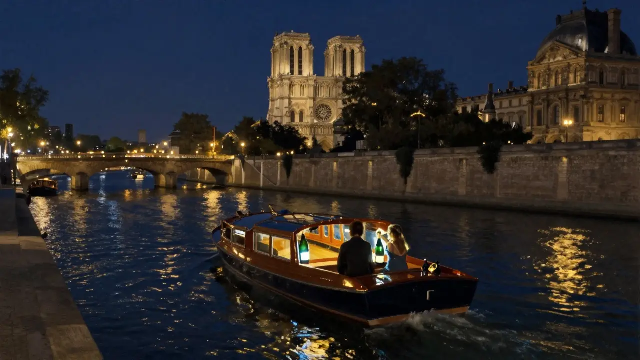 A private boat drifts past illuminated bridges as a couple sips Champagne under the stars.