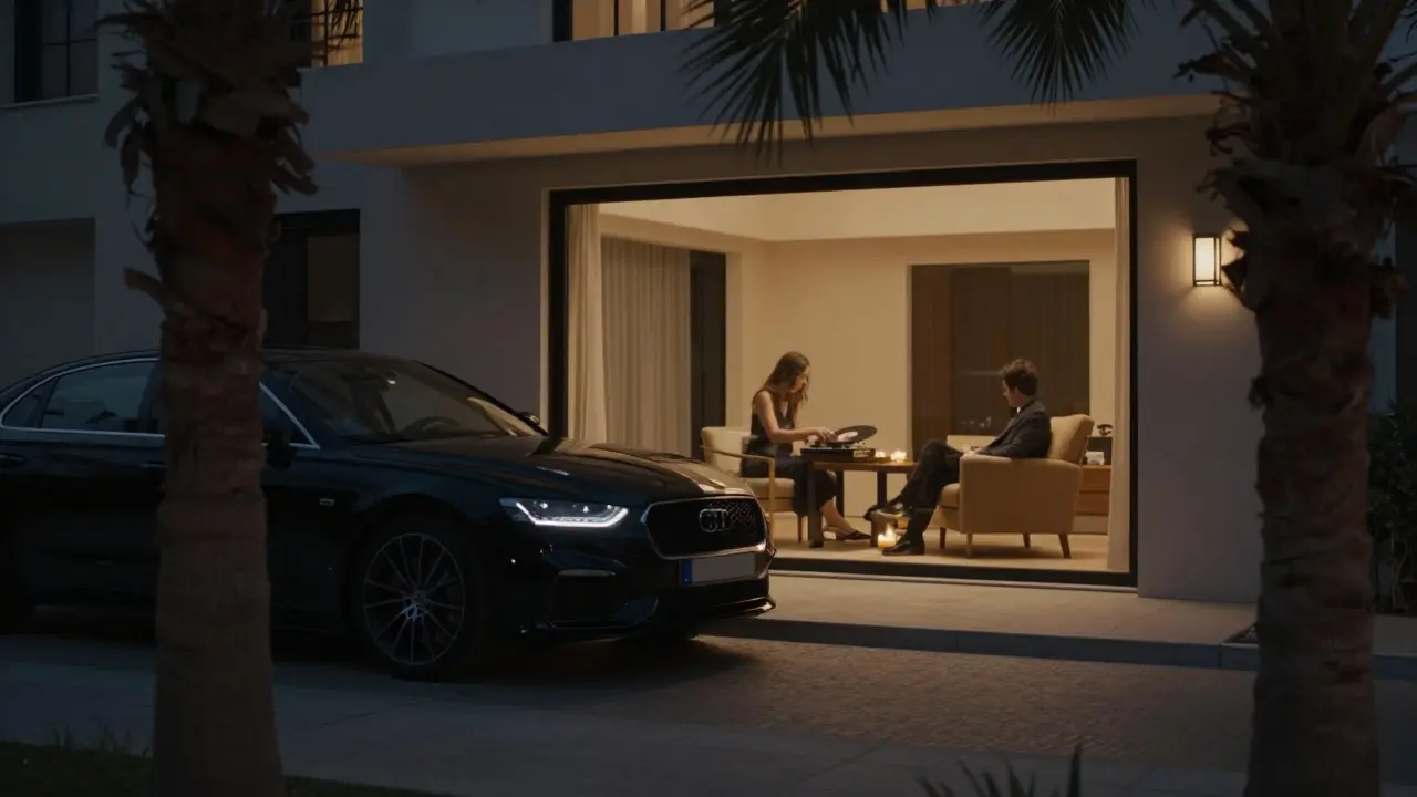 A private villa at night with a luxury car waiting outside, warm light glowing through windows, no faces visible.
