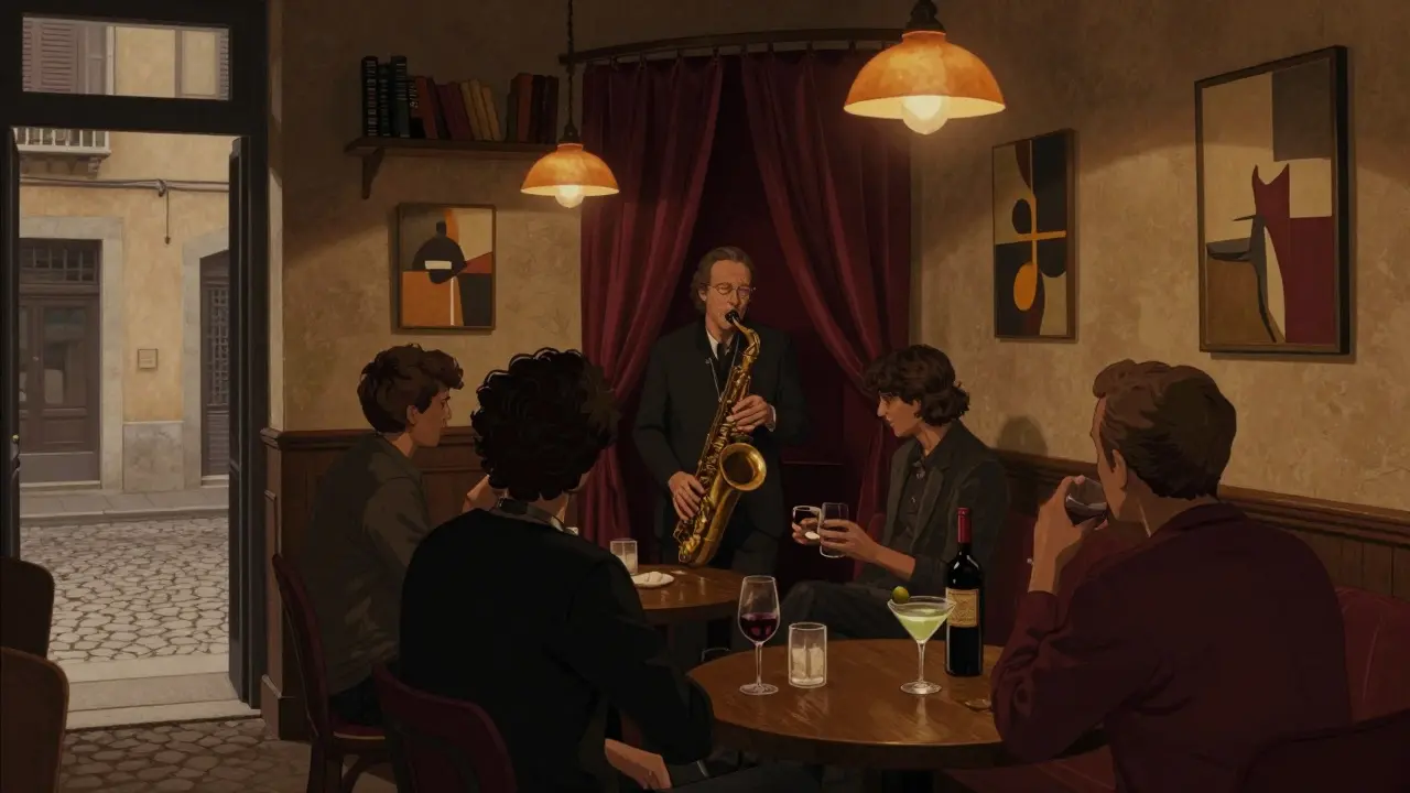 A quiet jazz lounge in Brera with a saxophonist playing under soft lights, patrons sipping wine in intimate silence.