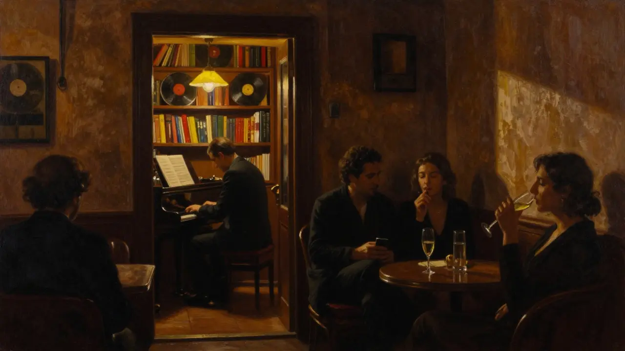 A quiet jazz lounge tucked behind a bookshelf, dim light illuminating a pianist and silent patrons in Monaco's Old Town.