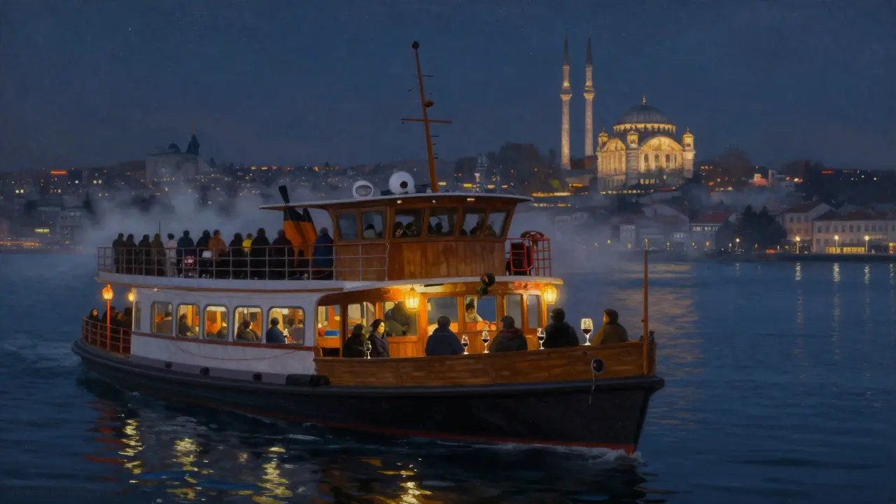 A quiet wooden ferry glides across the Bosphorus at midnight, reflecting city lights on calm water.