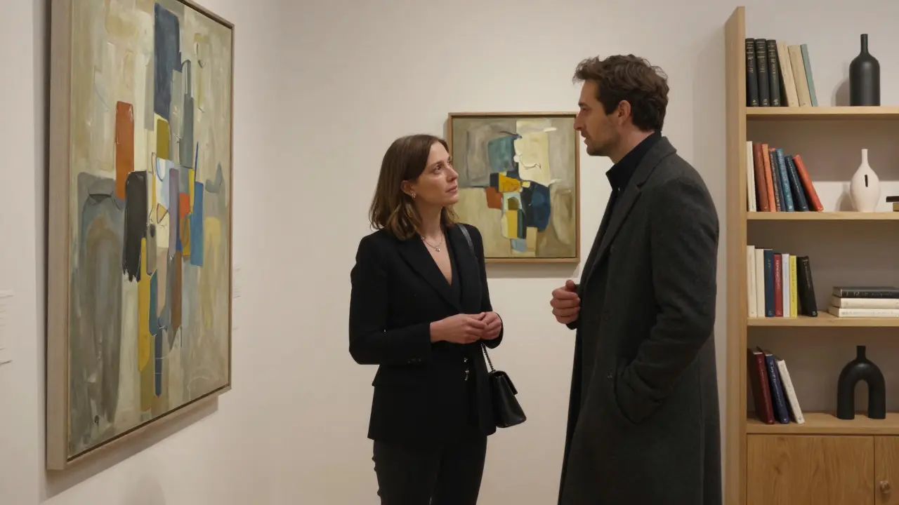 A refined couple admires abstract art in a quiet Milan gallery, surrounded by minimalist sculptures and rare books.