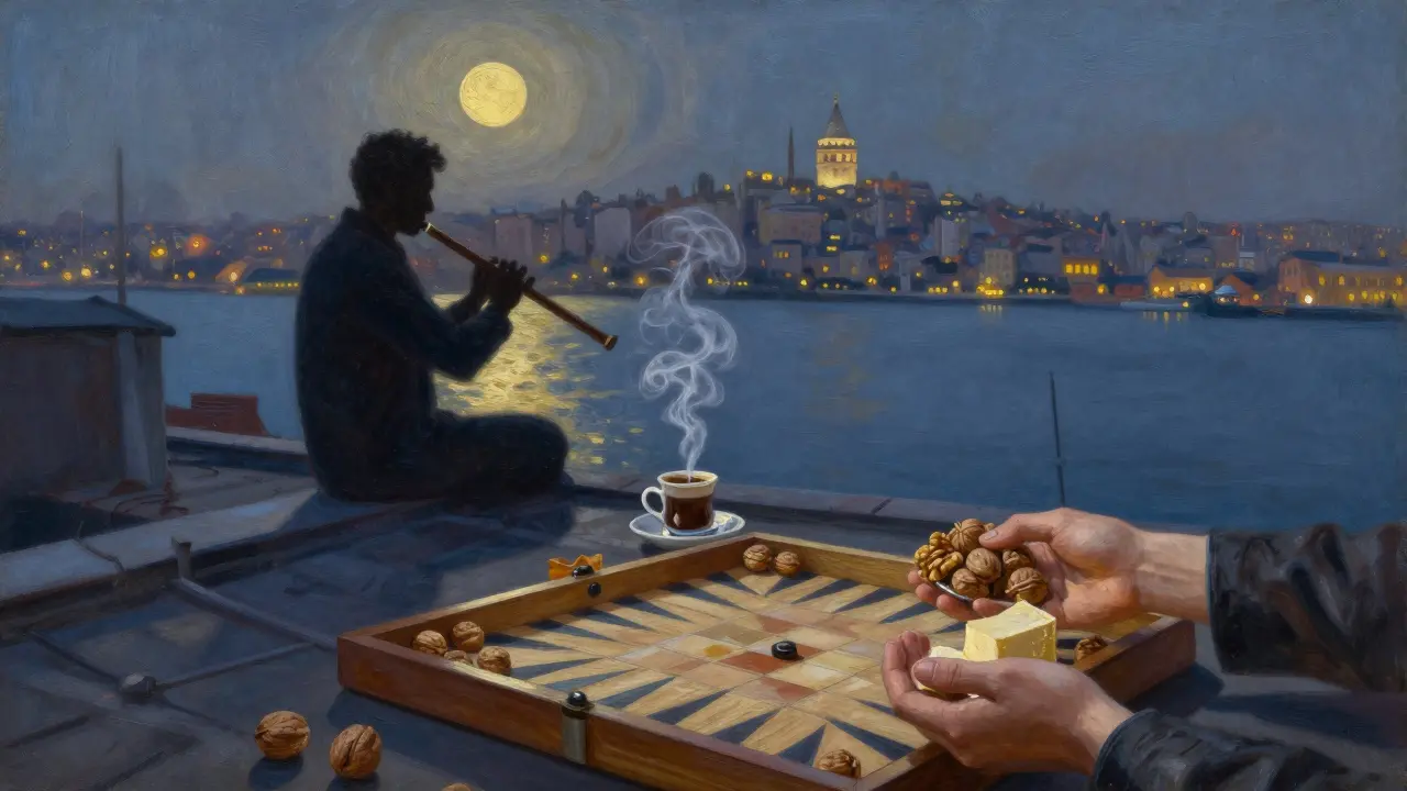 A rooftop in Galata at dawn, a flute player silhouetted against the Bosphorus as coffee and backgammon sit nearby.